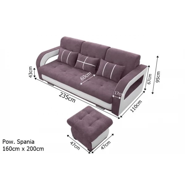 Sofa Novara + Pufa  - wymiary