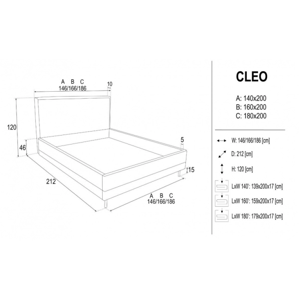 Łóżko Tapicerowane LCEO z pojemnikiem - wymiary