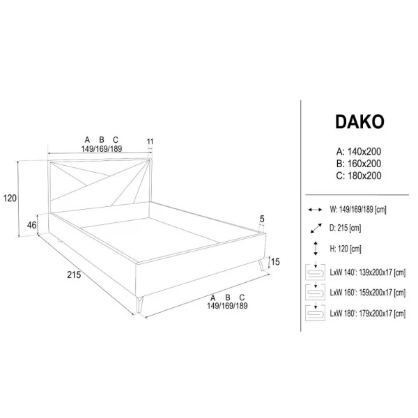Łóżko tapicerowaneDAKO z pojemnikiem - wymiary