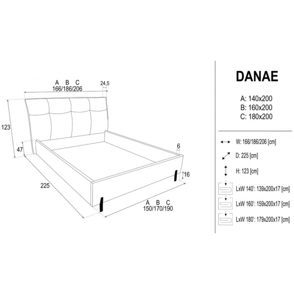 Łóżko Tapicerowane DANAE z pojemnikiem - wymiary