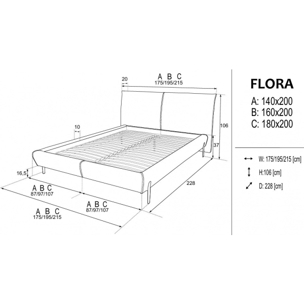 Łóżko Tapicerowane Flora - wymiary